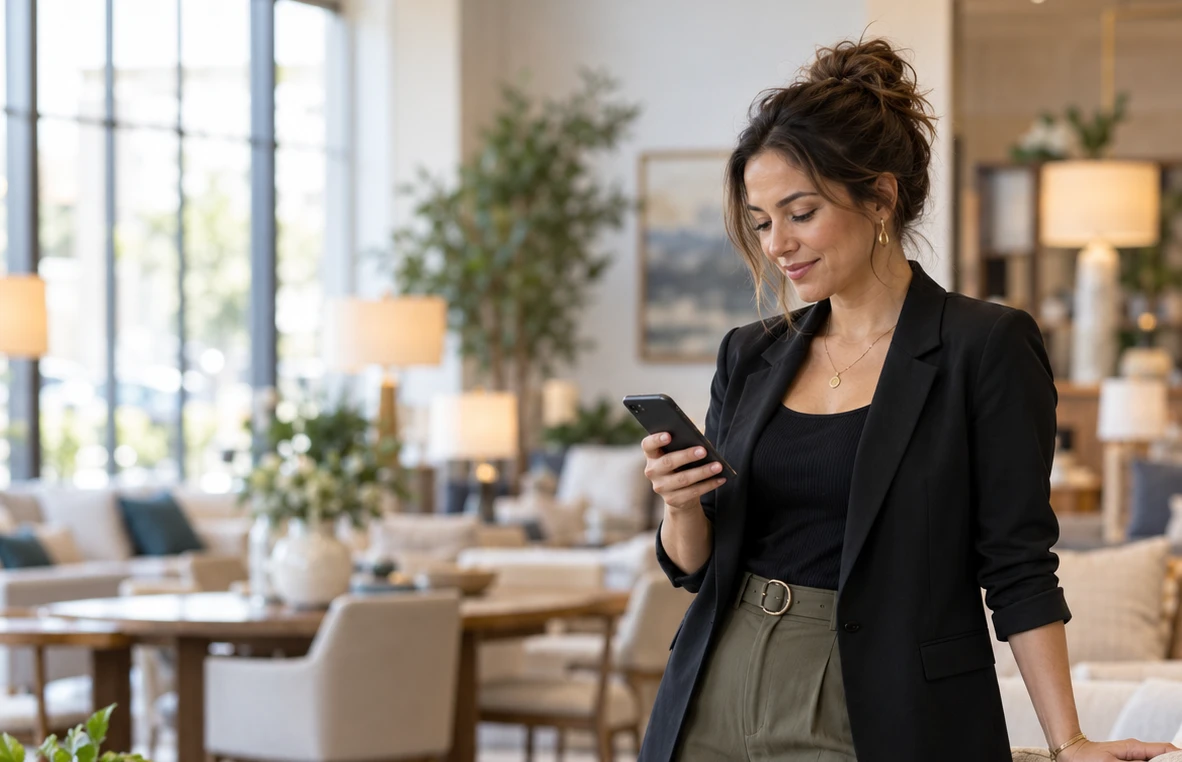 Furniture showroom sales rep checking her phone
