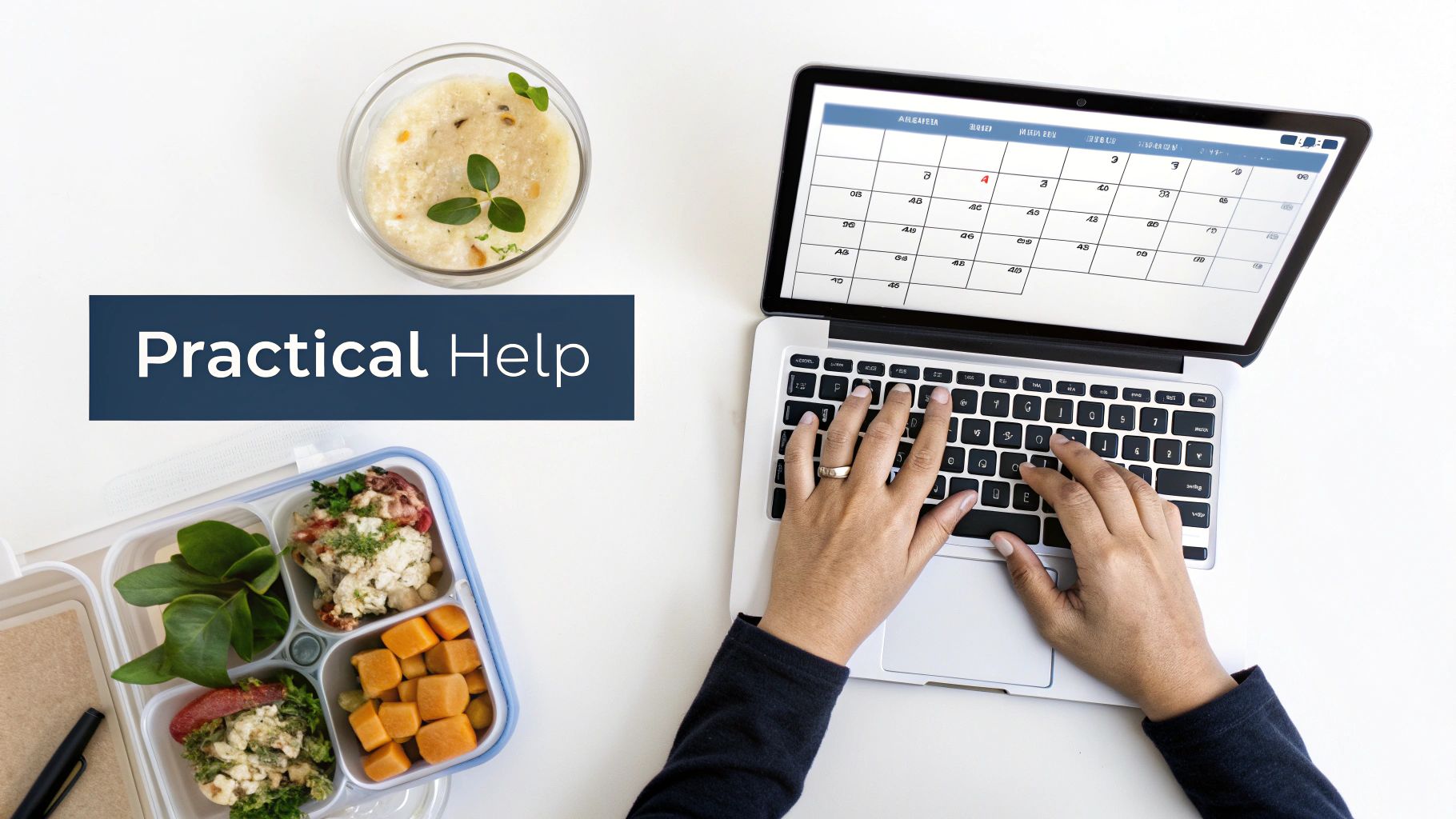 Two people's hands are shown clasped in a gesture of support over a wooden table, symbolizing connection and practical help.