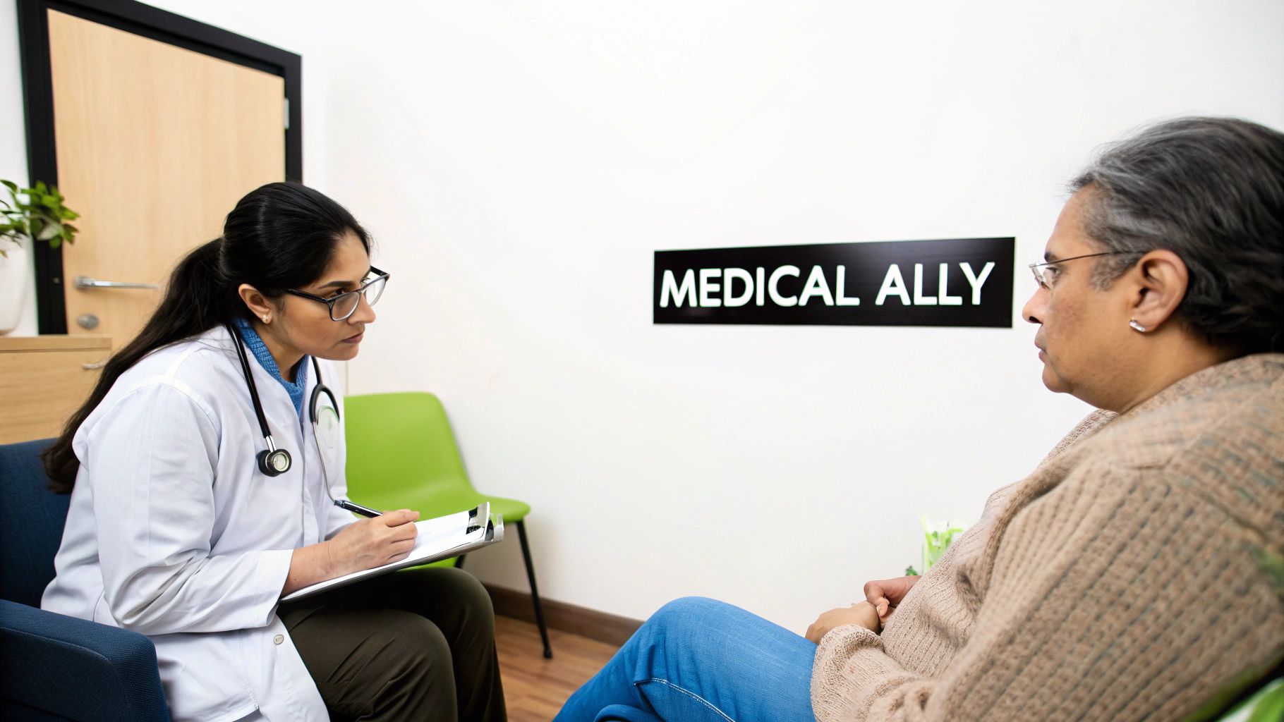A doctor explains a medical chart to a patient and their supportive companion in a bright clinic room.