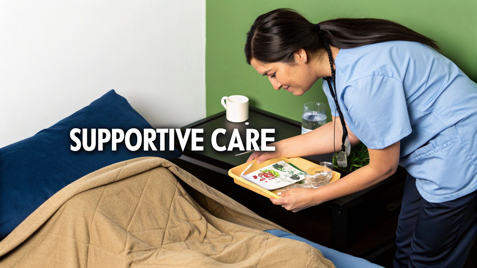 A supportive healthcare professional offering a comforting hand to a patient in a calm, well-lit room.