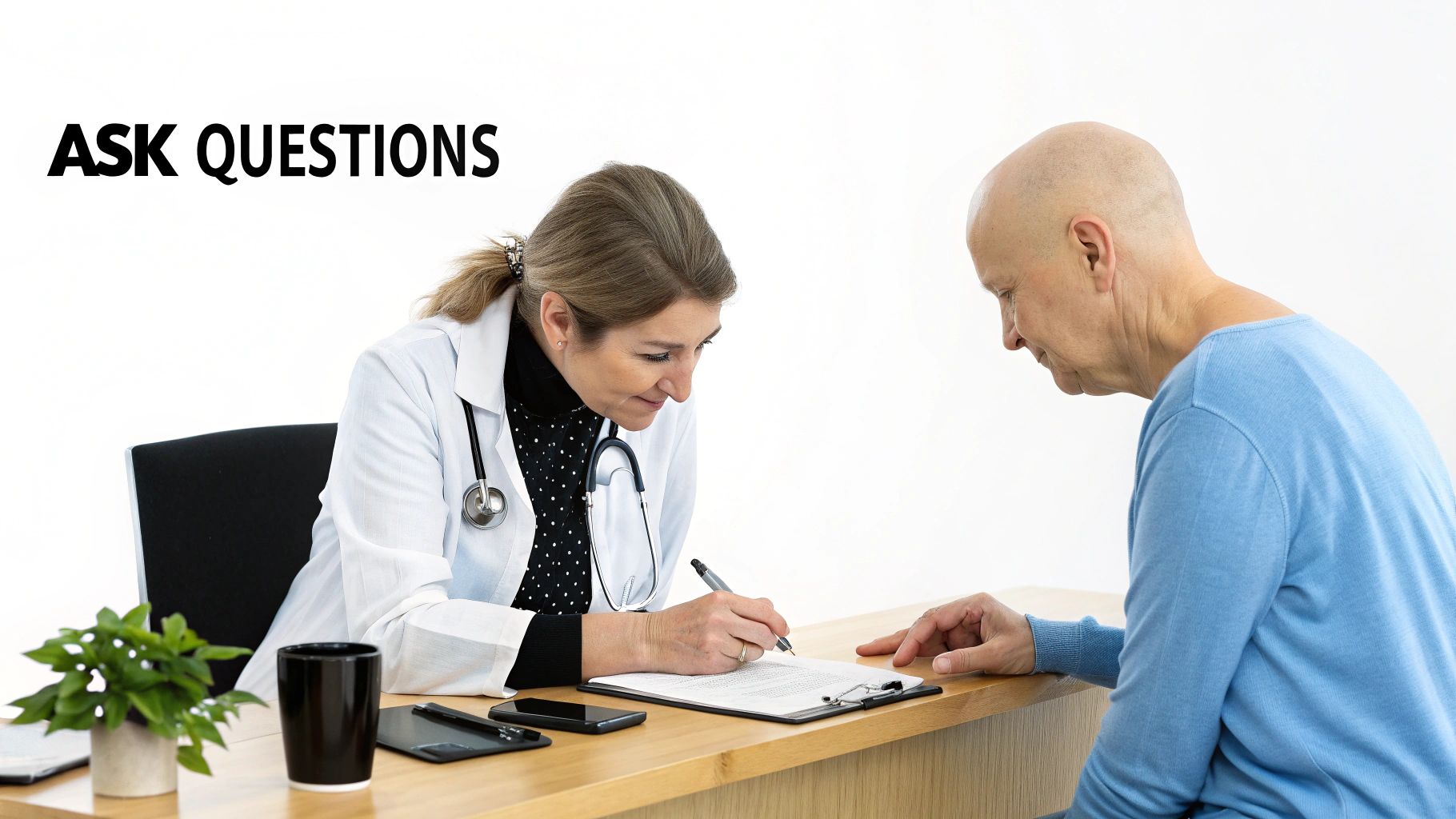 An oncologist reviews medical scans with a patient in a consultation room, highlighting the importance of collaboration in chemotherapy preparation.