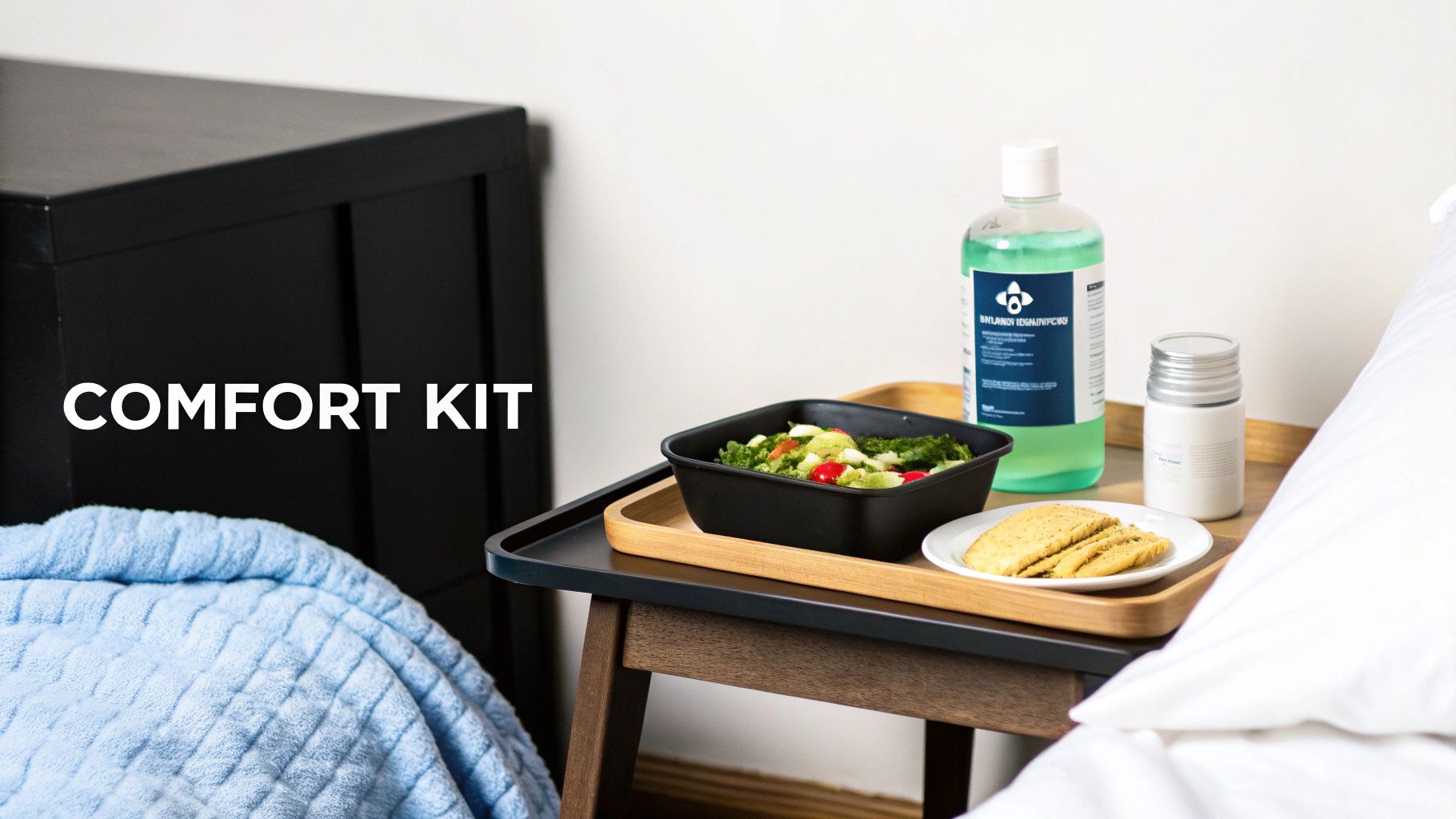 A comfortable and serene living room setup, ready to support a patient's recovery after chemotherapy.