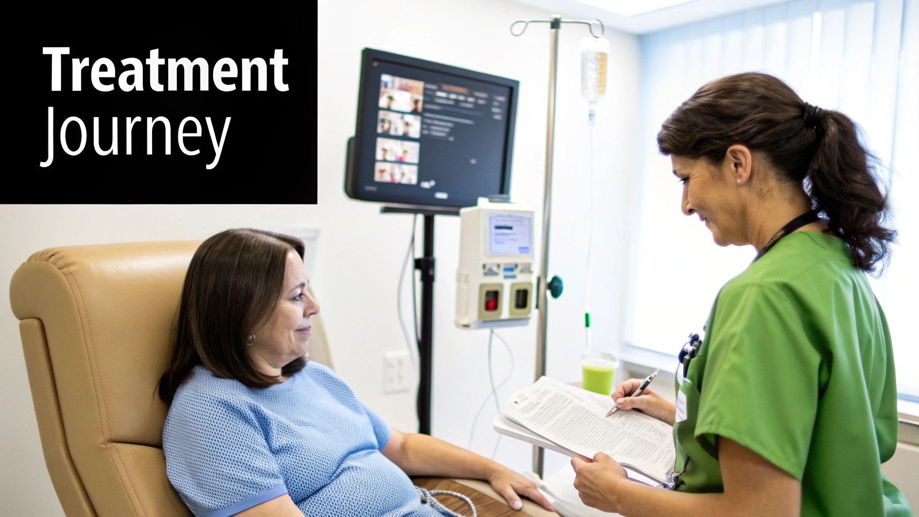 A patient receives an infusion in a comfortable clinical setting.