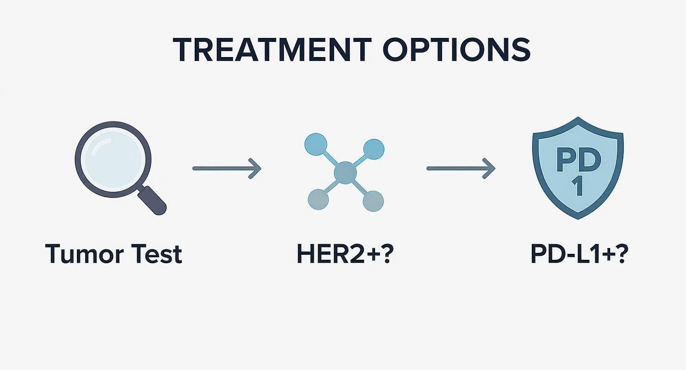 Infographic decision tree showing how tumor tests for HER2 and PD-L1 status guide gastric cancer treatment options.