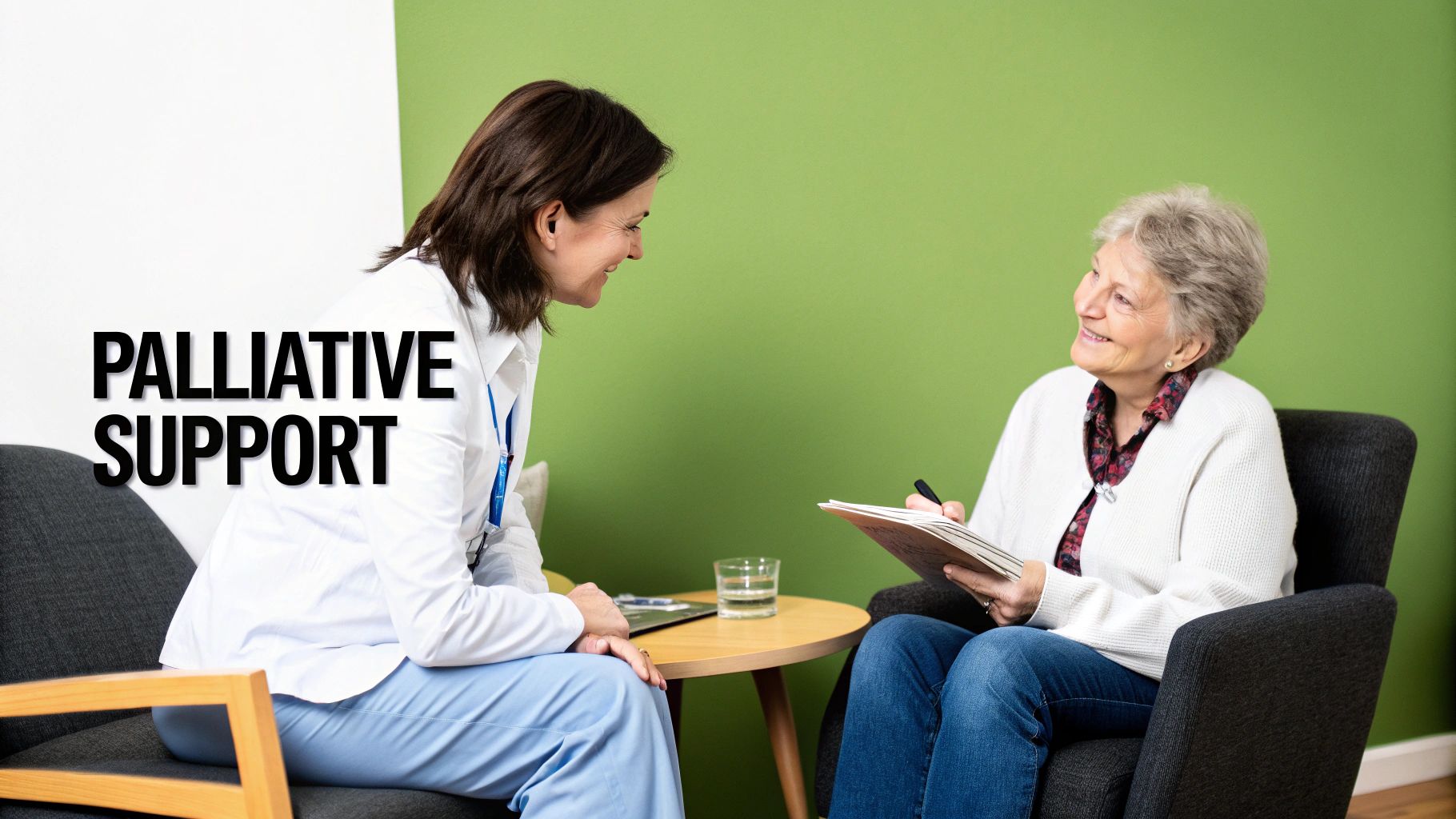 A compassionate healthcare provider offers a comforting hand to a patient.