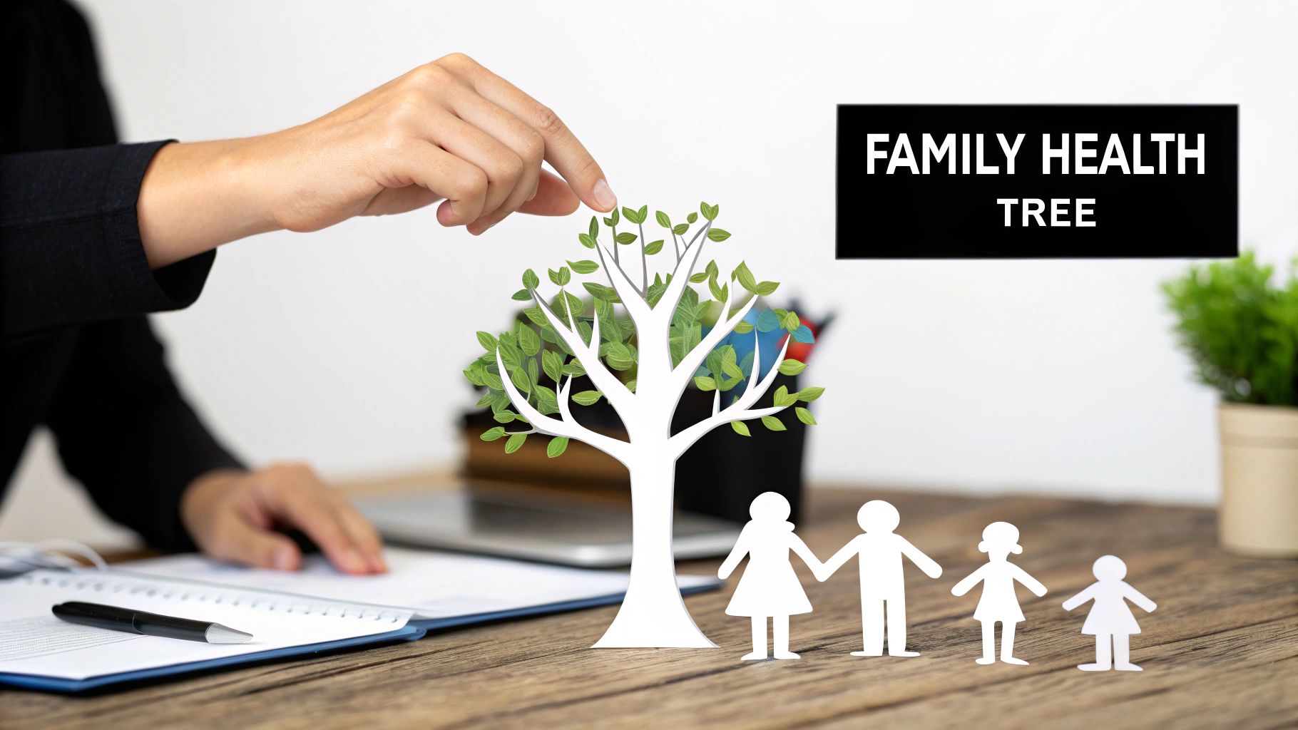 A woman reviewing her family health tree on a tablet, symbolizing understanding her history.