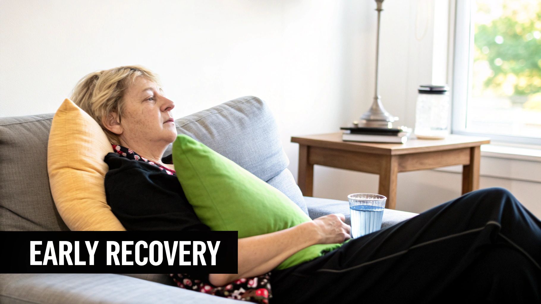 A woman holding a cup of tea, looking thoughtful and calm.