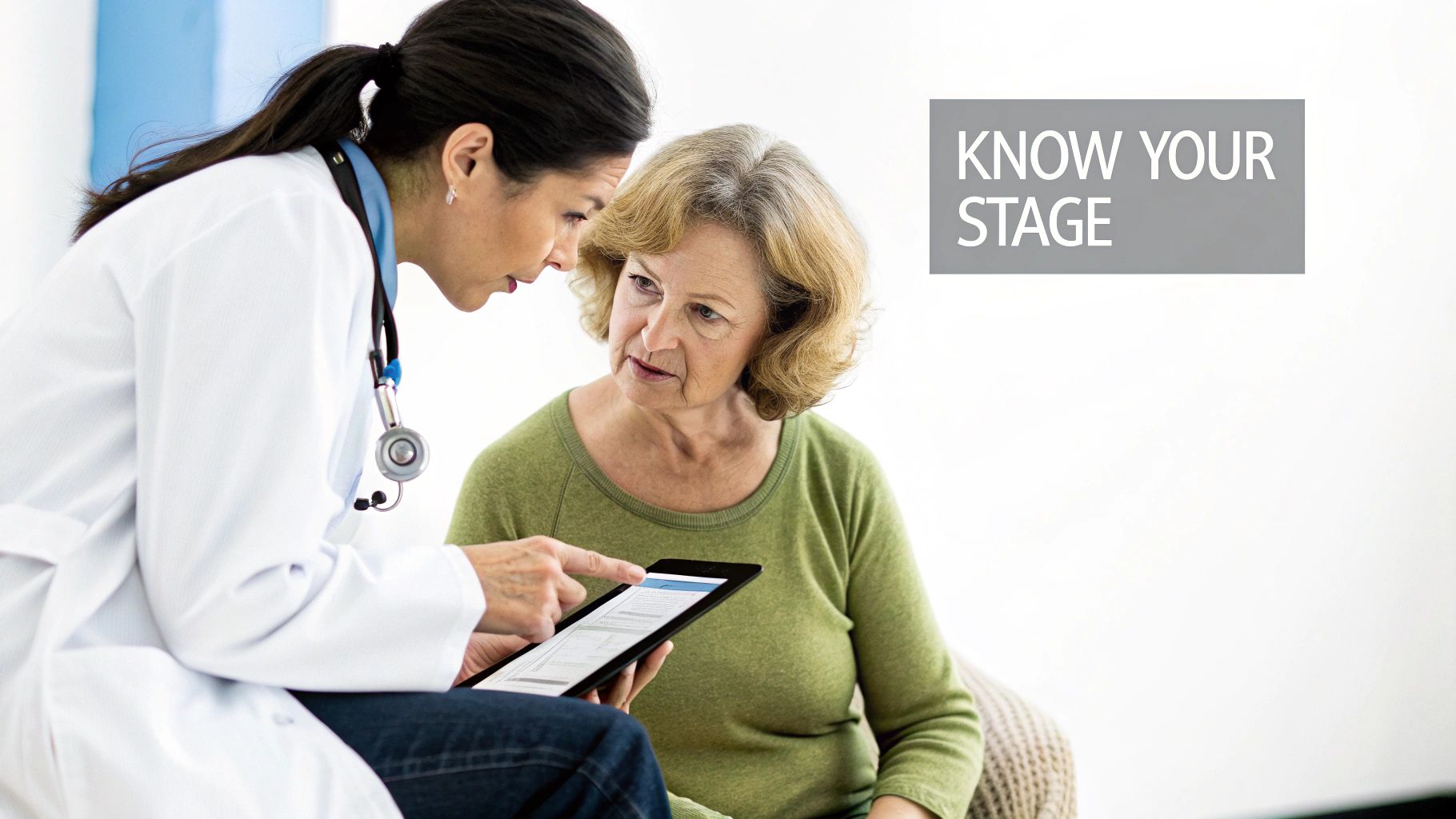 A doctor reviewing medical scans with a patient, explaining the stages of colon cancer.