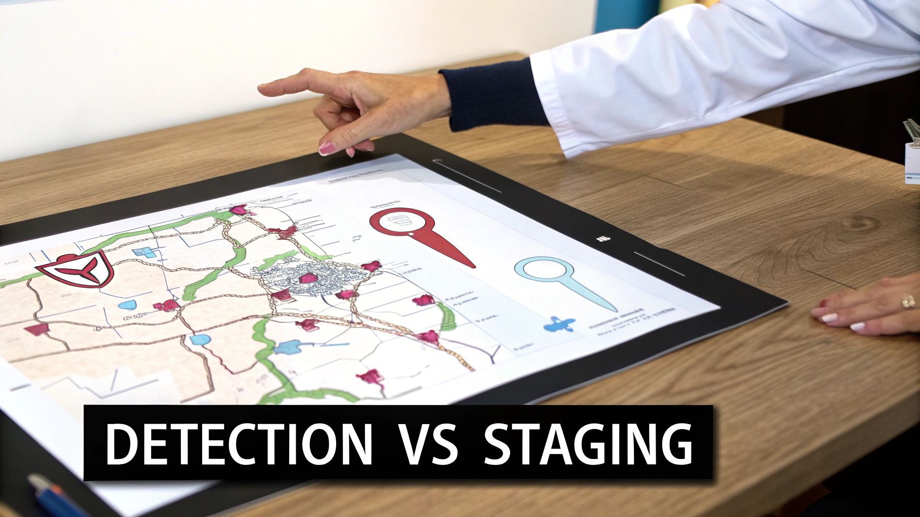 A doctor and patient looking at a CT scan together on a large monitor in a modern medical office.
