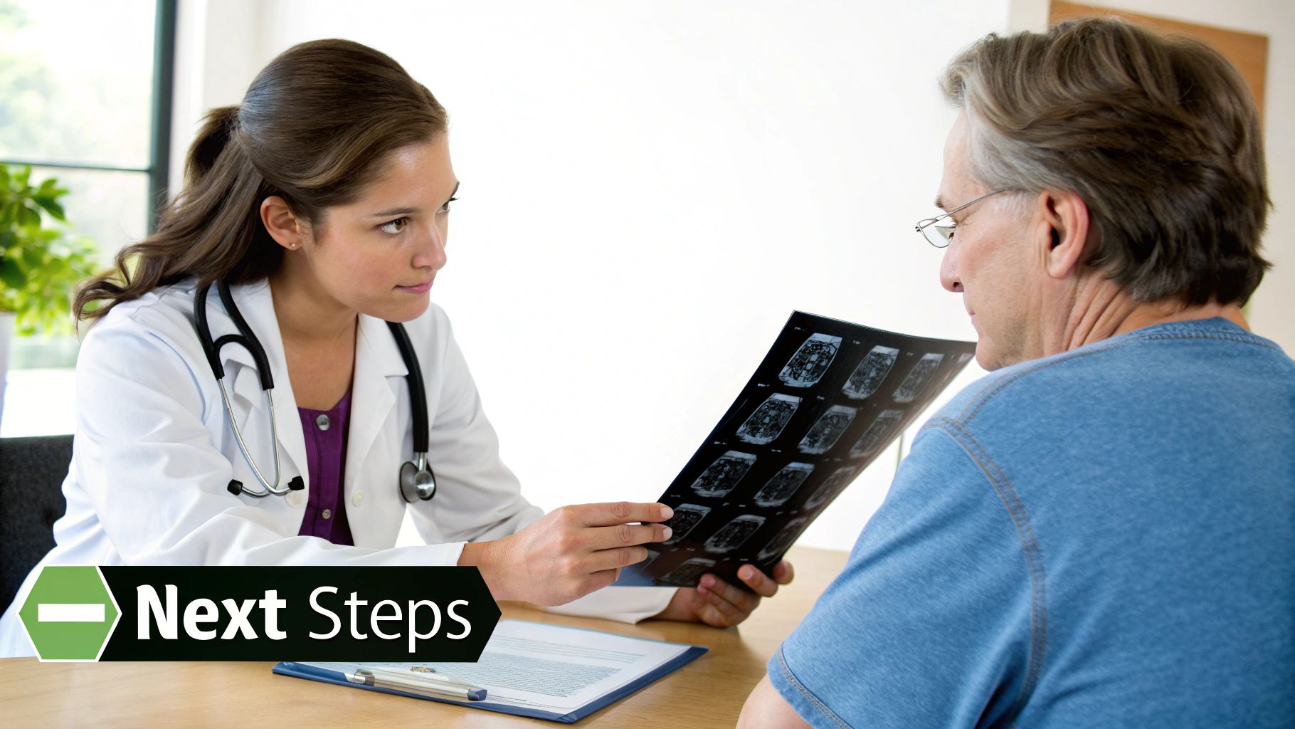 A female doctor discussing results with a patient in a calm, supportive office environment.