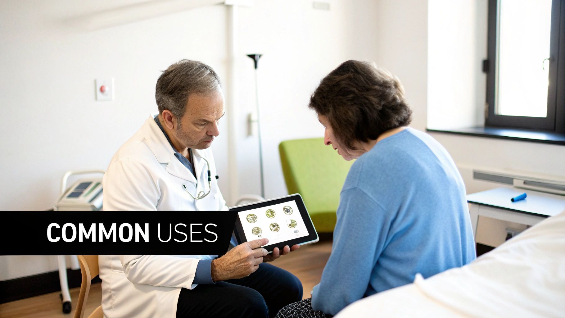 A medical professional reviews a patient's scans on a screen.