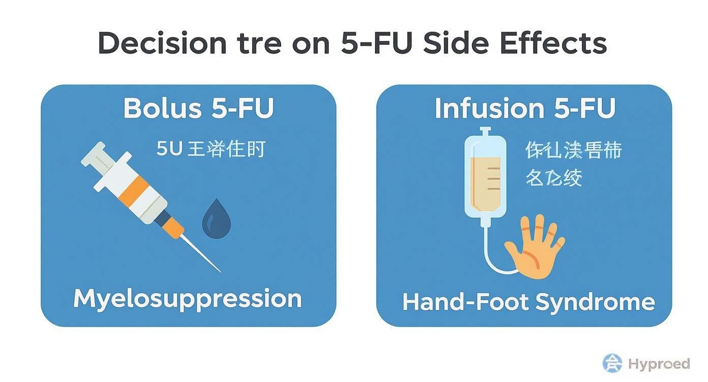 Infographic showing that bolus 5-FU is more associated with myelosuppression (low blood counts), while infusion 5-FU is more linked to Hand-Foot Syndrome.