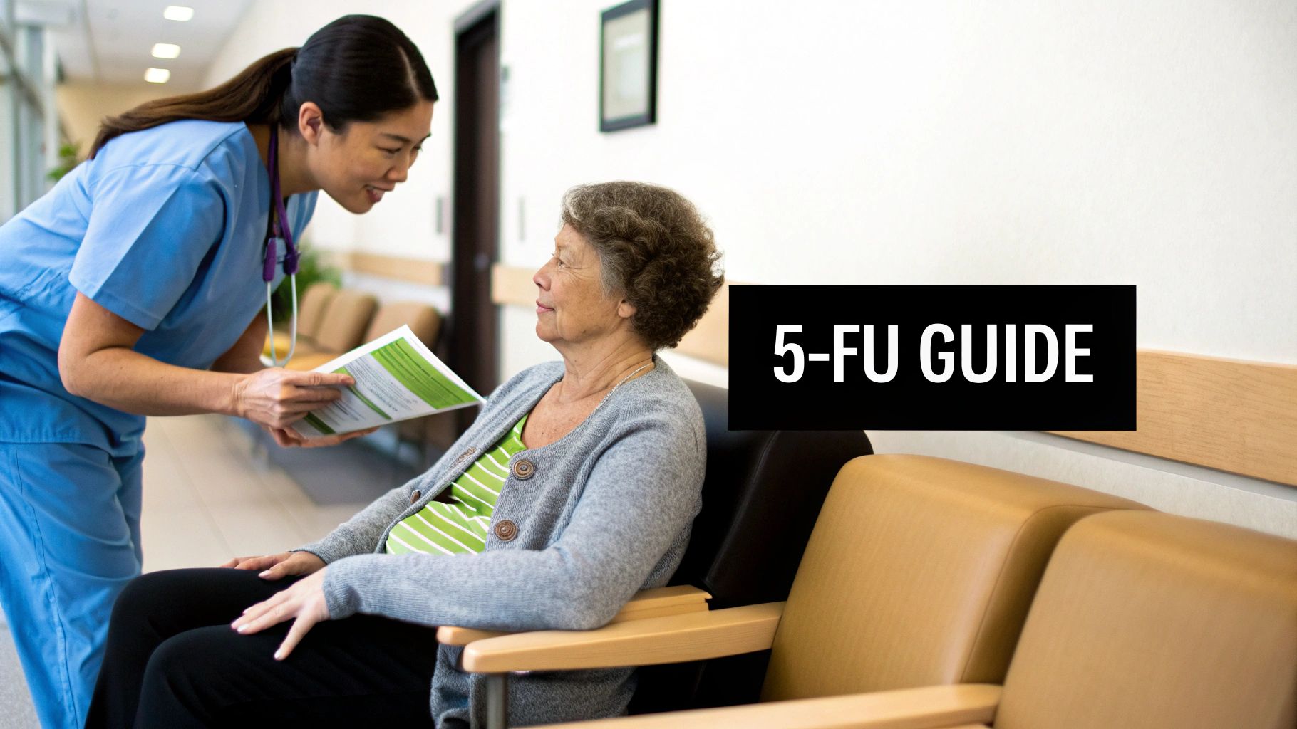 A compassionate healthcare professional discusses treatment options with a patient in a calm, well-lit clinic.
