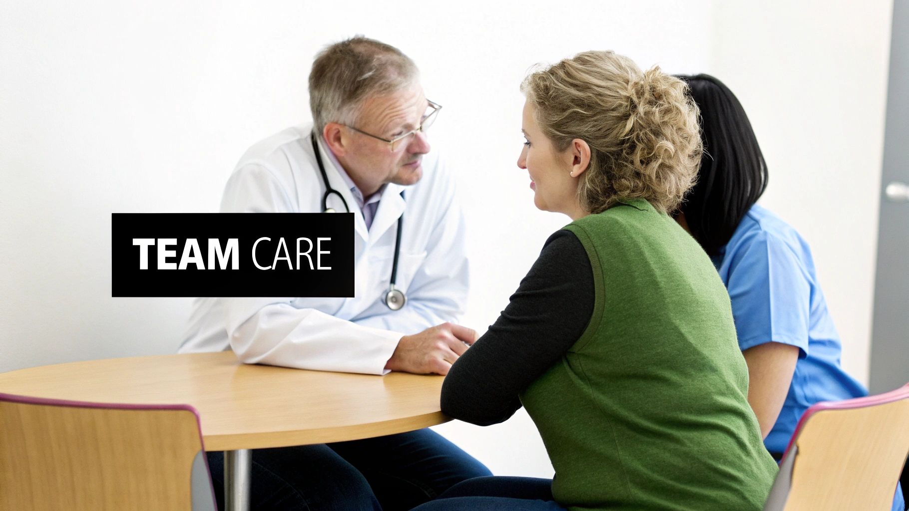 A doctor reviews a patient's chart on a tablet while speaking with them in a modern, sunlit clinic room.