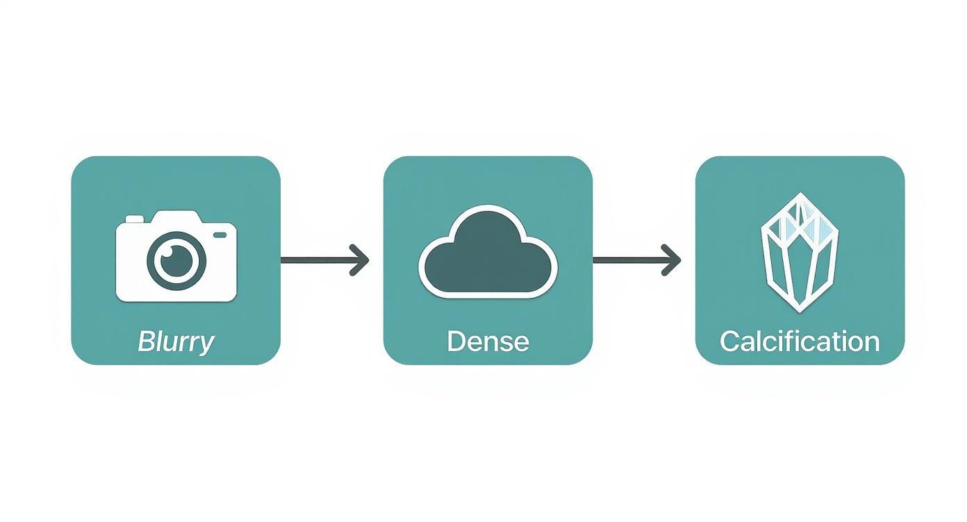 Infographic showing the process flow for mammogram callback reasons, including blurry images, dense tissue, and calcifications.