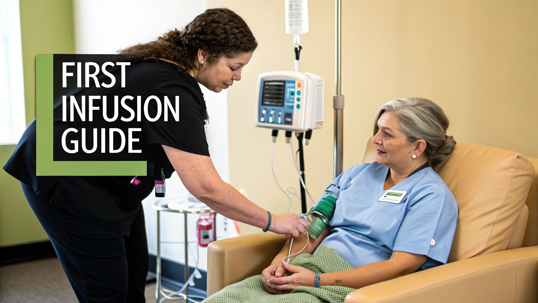 Woman smiling while receiving care at a cancer infusion center