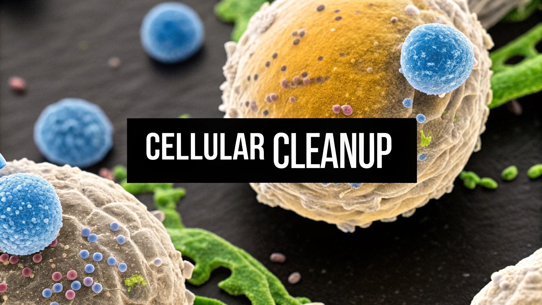 Scanning electron microscope image showing immune cells attacking a large cancer cell during cellular cleanup