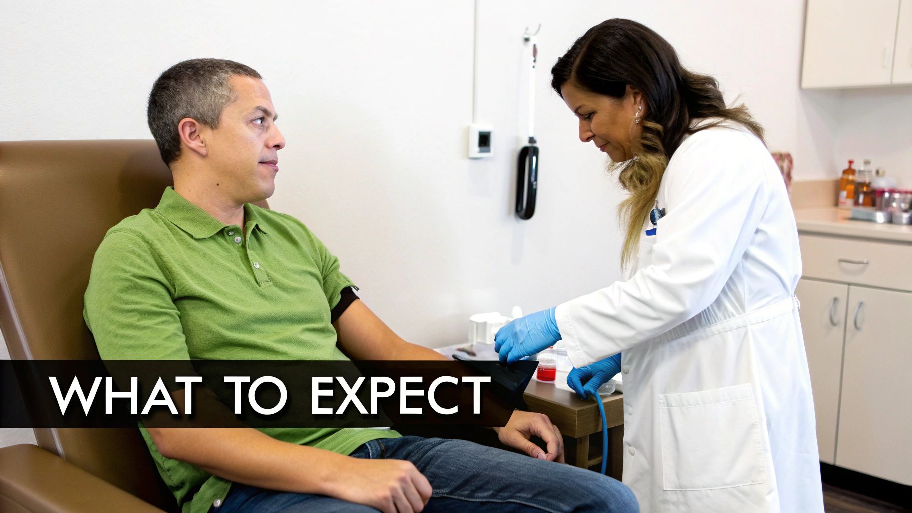 Healthcare professional drawing blood from patient in medical office during cancer screening appointment