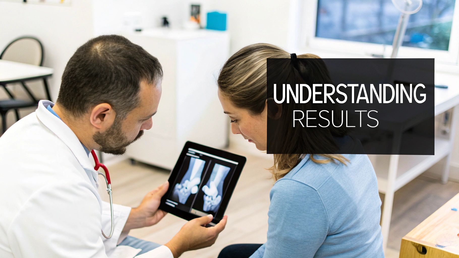 Doctor showing medical imaging results to patient on tablet during consultation