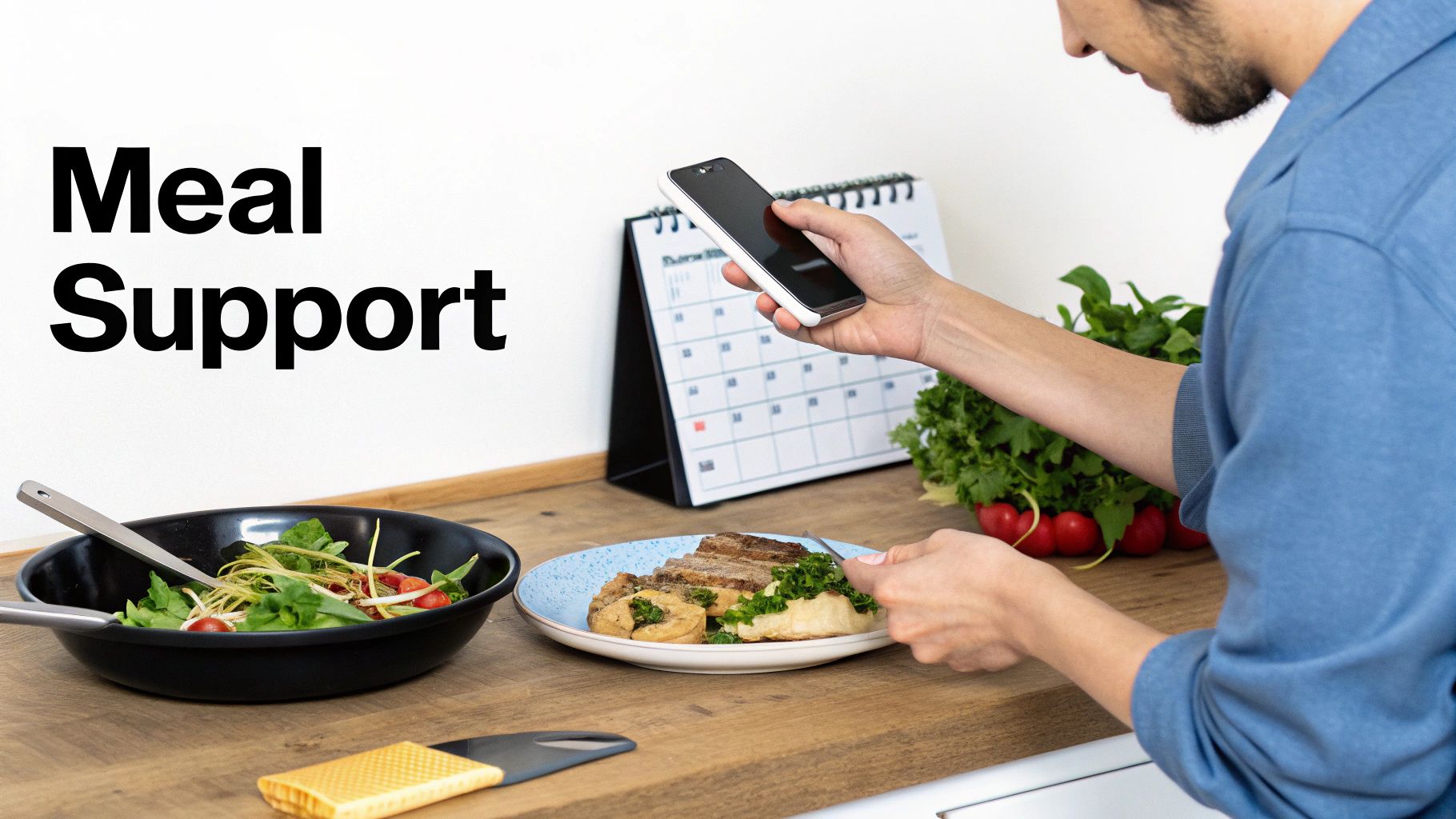 Man using smartphone to track meal support and nutrition plan while preparing healthy food