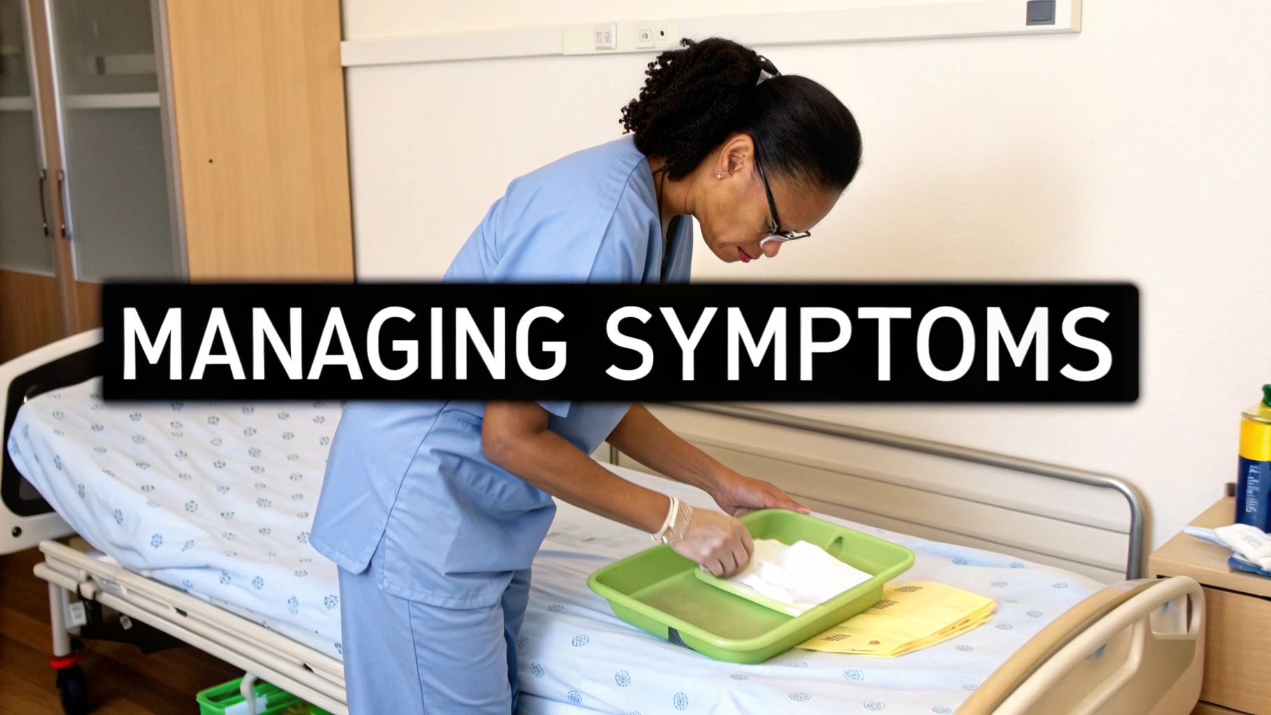 Healthcare professional in blue scrubs managing patient symptoms while preparing medical supplies at hospital bedside