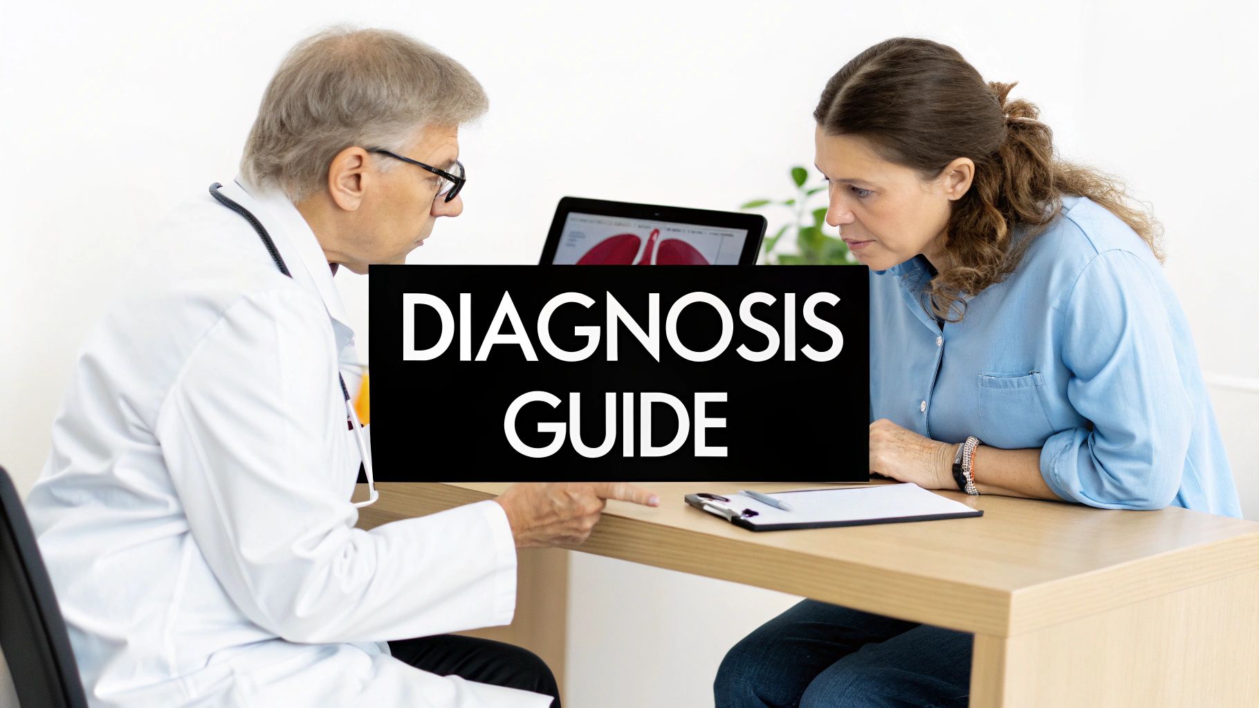 Doctor and patient review a "Diagnosis Guide" at a desk, with a medical image on a tablet.