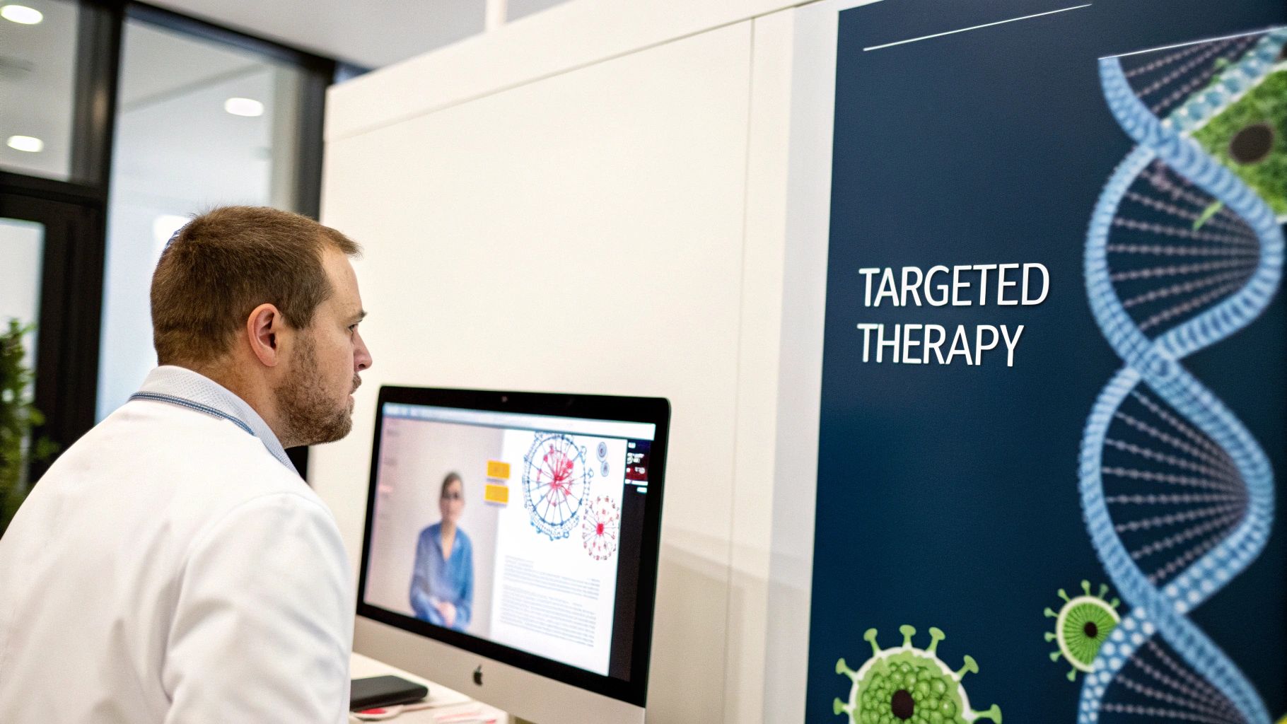 A medical professional examines a computer screen showing scientific data, near a 'Targeted Therapy' banner.