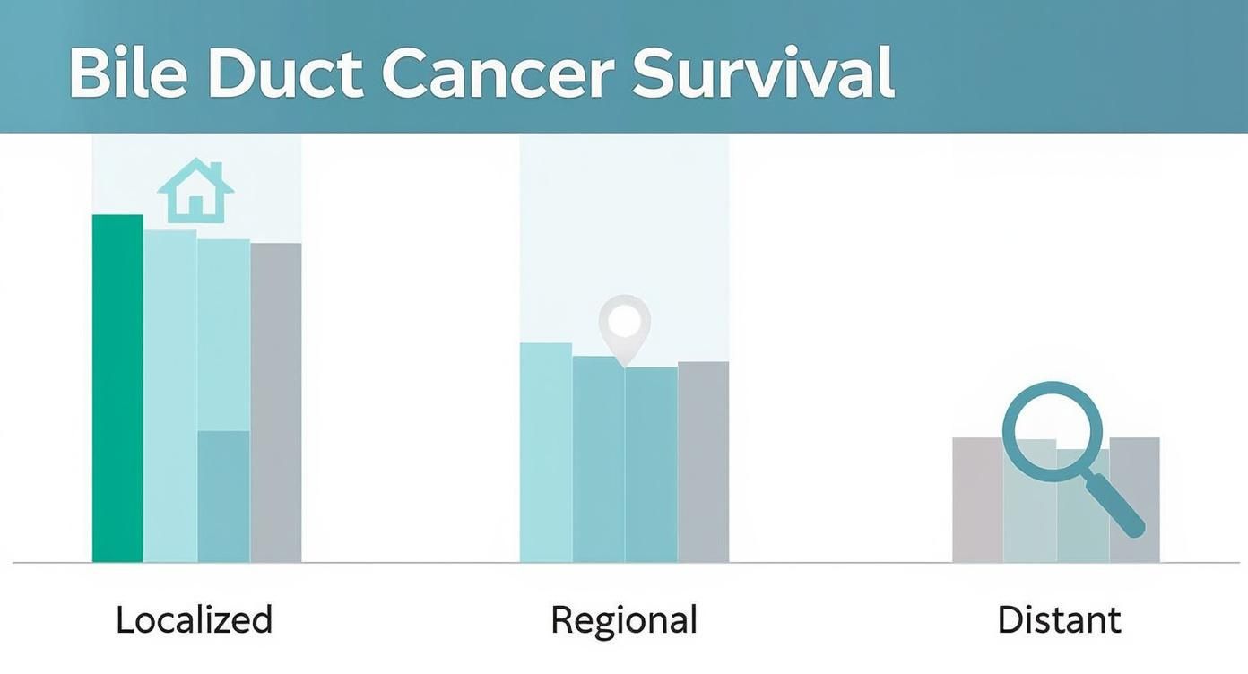 Bar chart illustrating bile duct cancer survival rates by localized, regional, and distant stages.