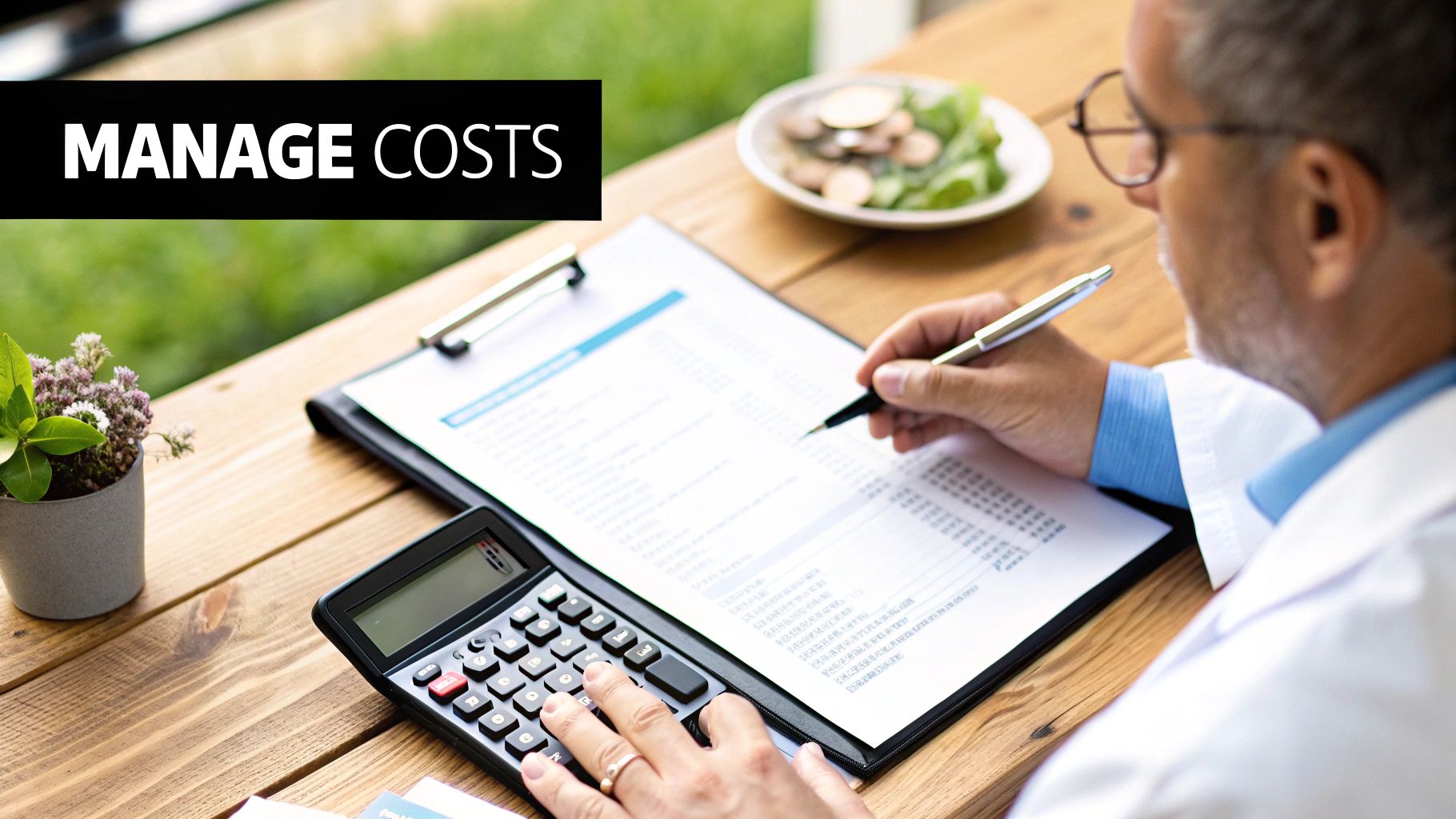 A professional in a white coat calculates costs using a calculator and document, emphasizing financial management.