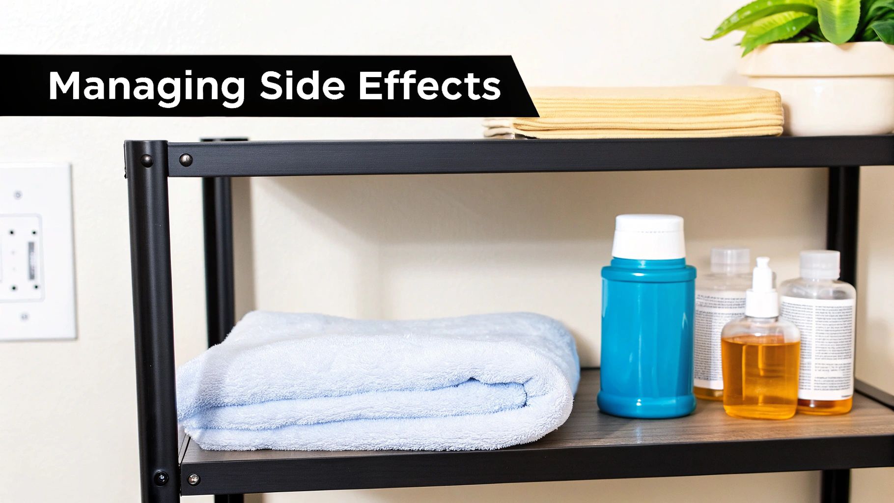 A shelf with a blue towel and various bottles, with a banner that says 'Managing Side Effects'.