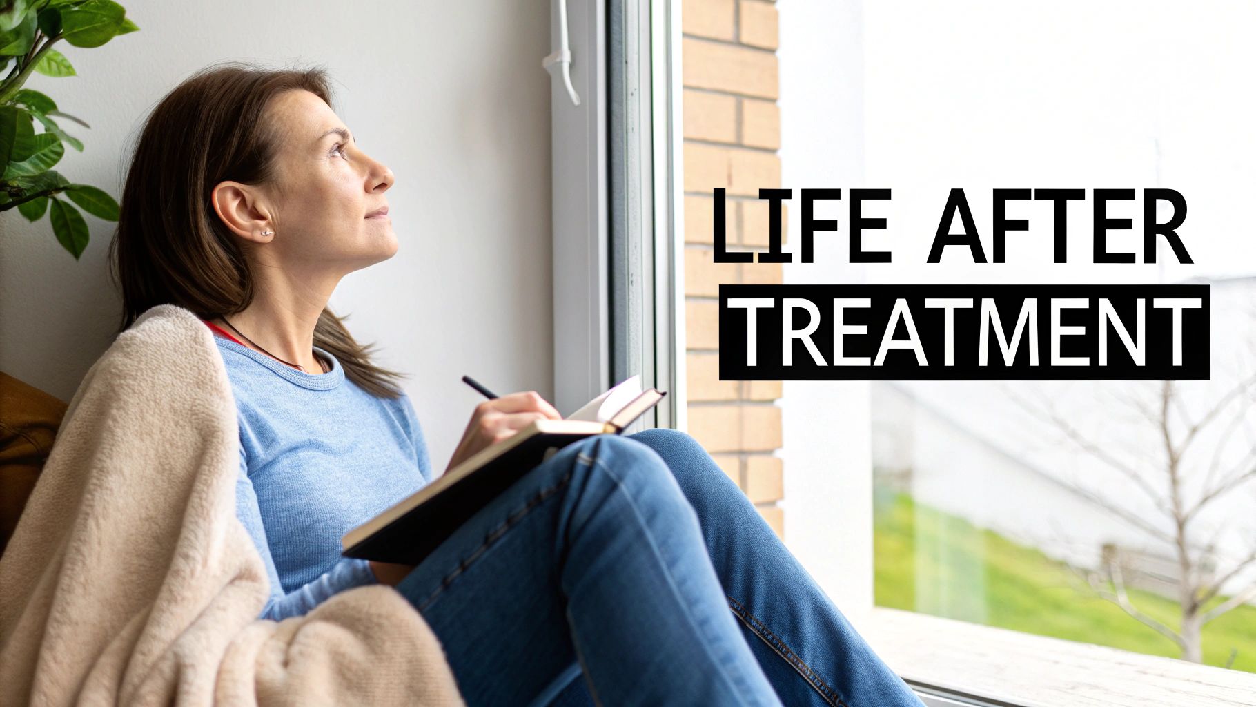 A thoughtful woman sits by a window, journaling, pondering 'LIFE AFTER TREATMENT'.