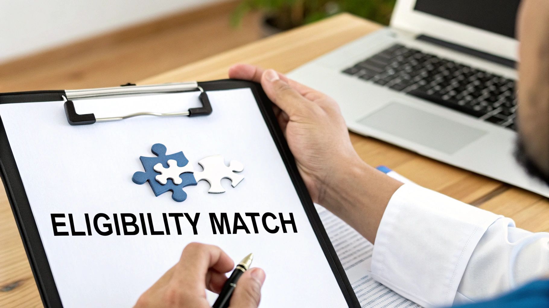 A person holds a clipboard displaying 'ELIGIBILITY MATCH' with puzzle pieces, suggesting successful criteria fulfillment.