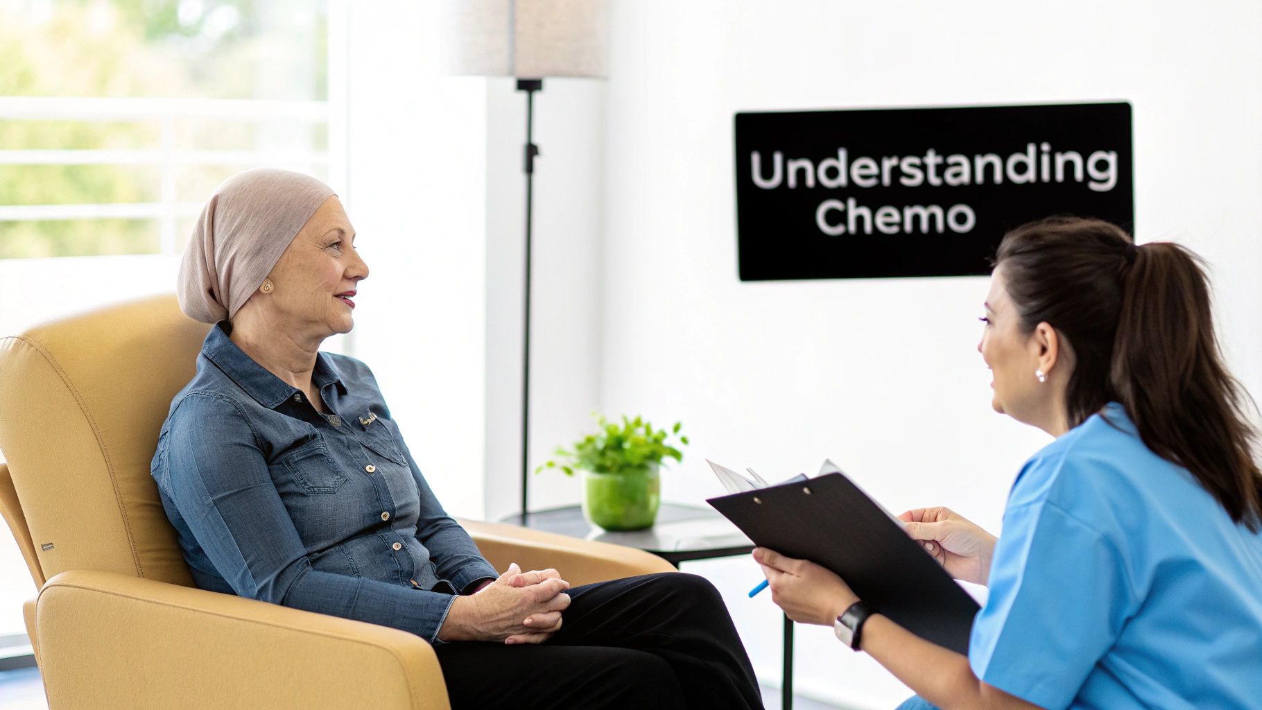 An older woman in a headscarf discusses chemotherapy with a nurse in a bright clinic setting.