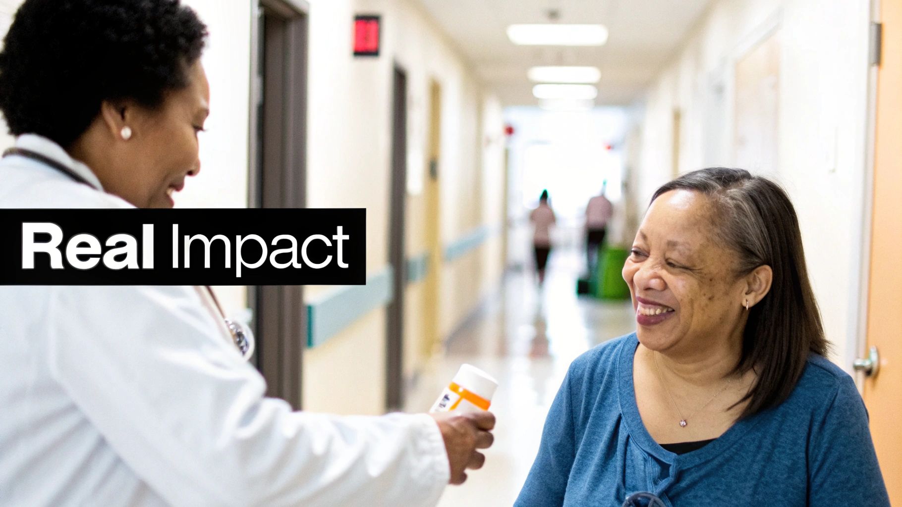 A smiling female doctor in a white coat hands medication to an elderly female patient in a clinic.