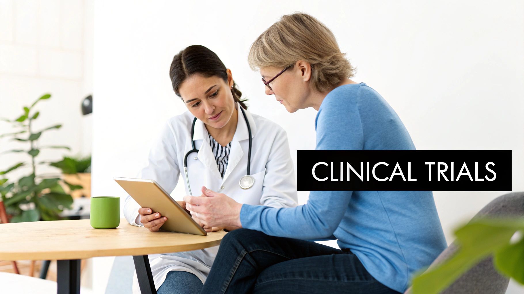 A female doctor and patient review information about clinical trials on a tablet.