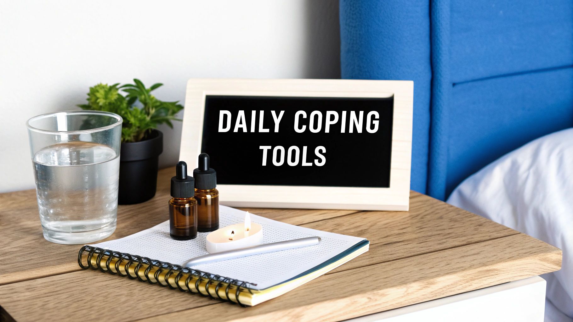 A bedside table setup with a glass of water, small plant, essential oils, notebook, and a sign reading 'DAILY COPING TOOLS'.