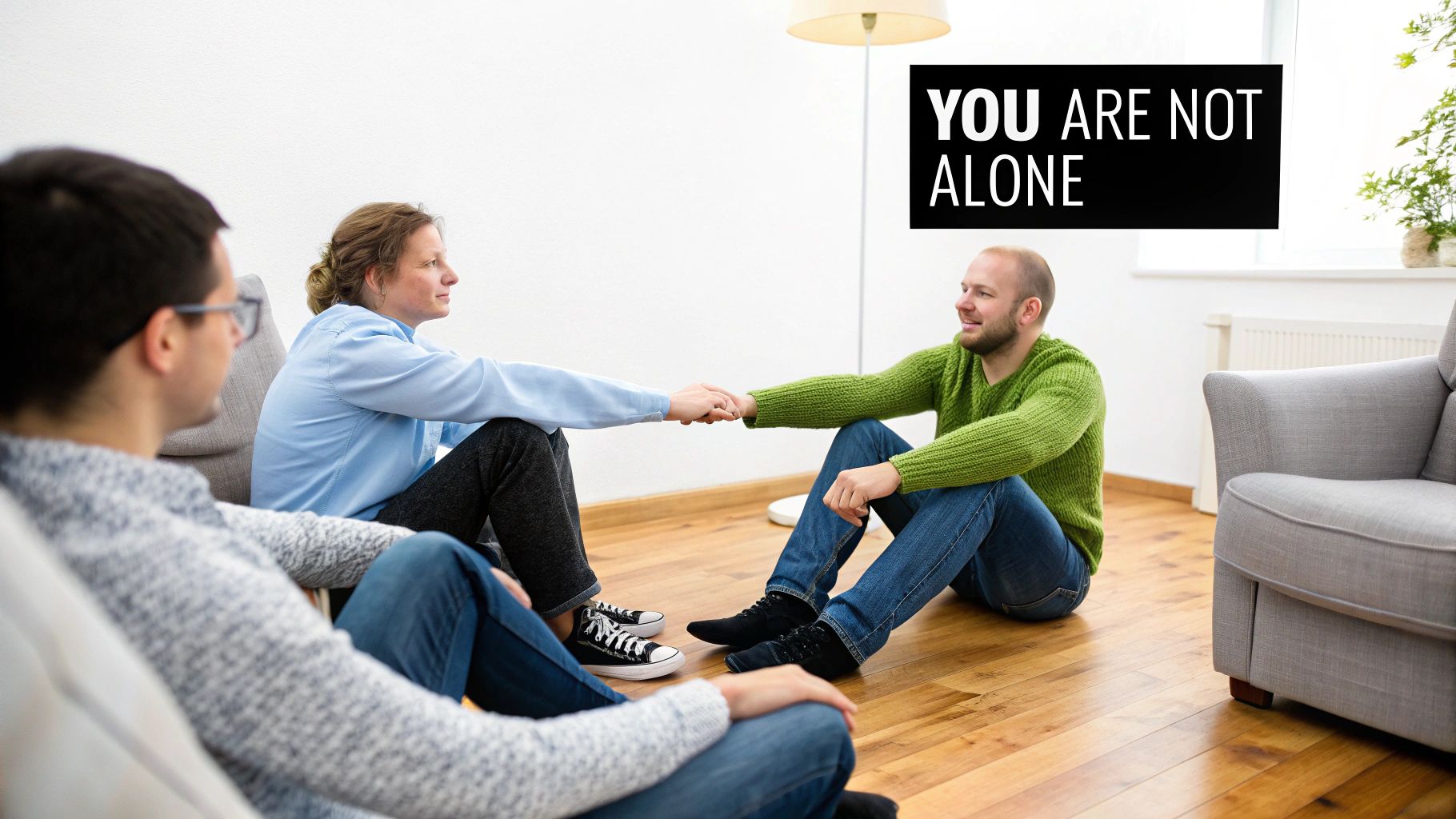 A woman and a man sit on the floor, holding hands, with 'YOU ARE NOT ALONE' text.
