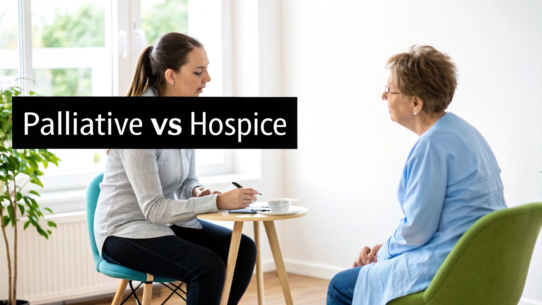 A healthcare professional discusses palliative versus hospice care with an older woman, featuring text overlay.