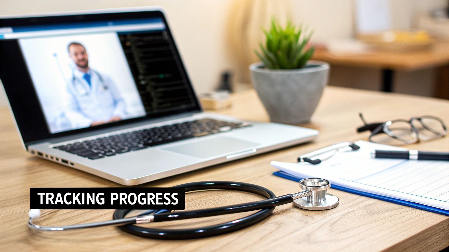 Laptop displays a doctor during a video consultation with a stethoscope and medical chart on a wooden desk.