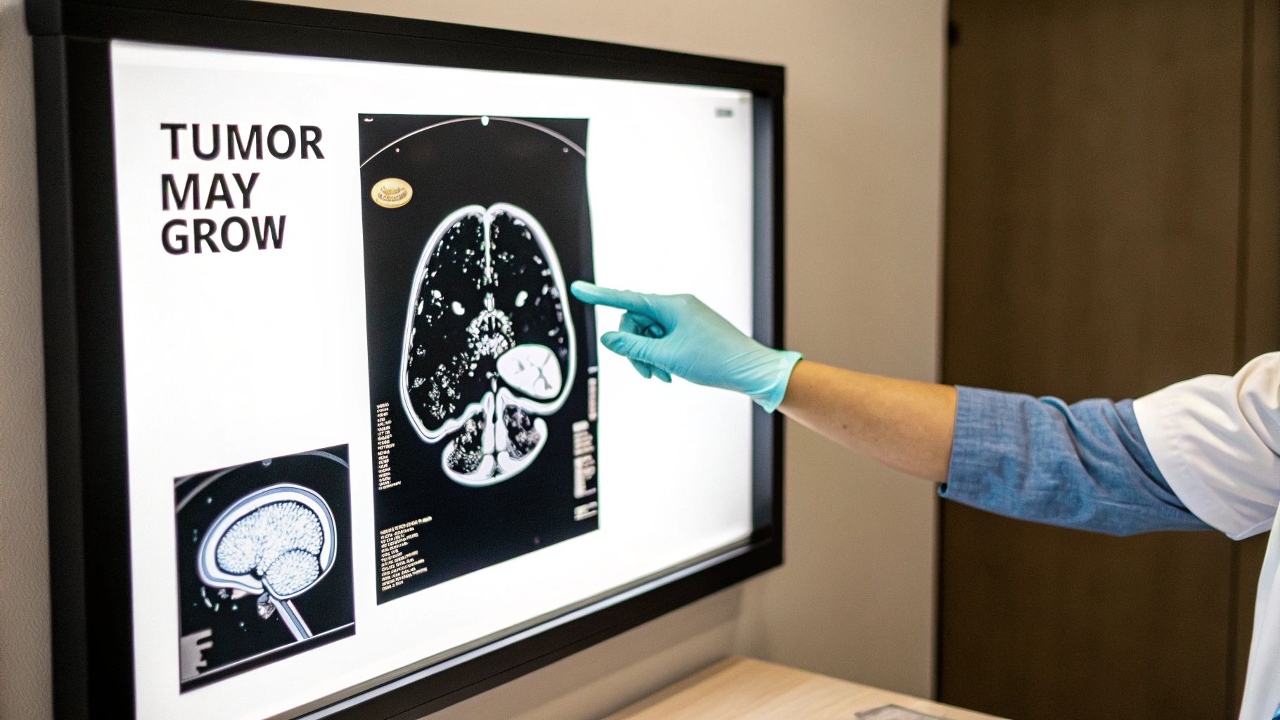 Medical professional in scrubs and blue glove pointing at a scan on a screen displaying 'TUMOR MAY GROW'.