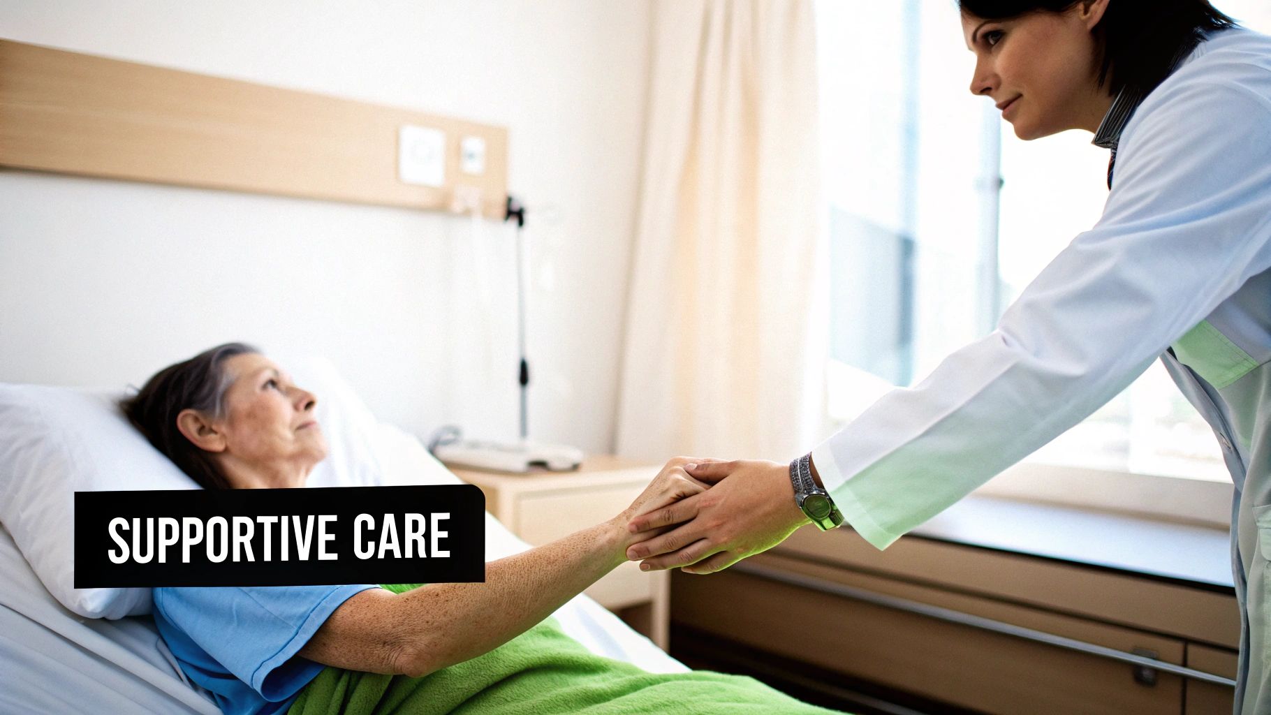 A compassionate doctor holds the hand of an elderly patient in a hospital bed, offering supportive care.