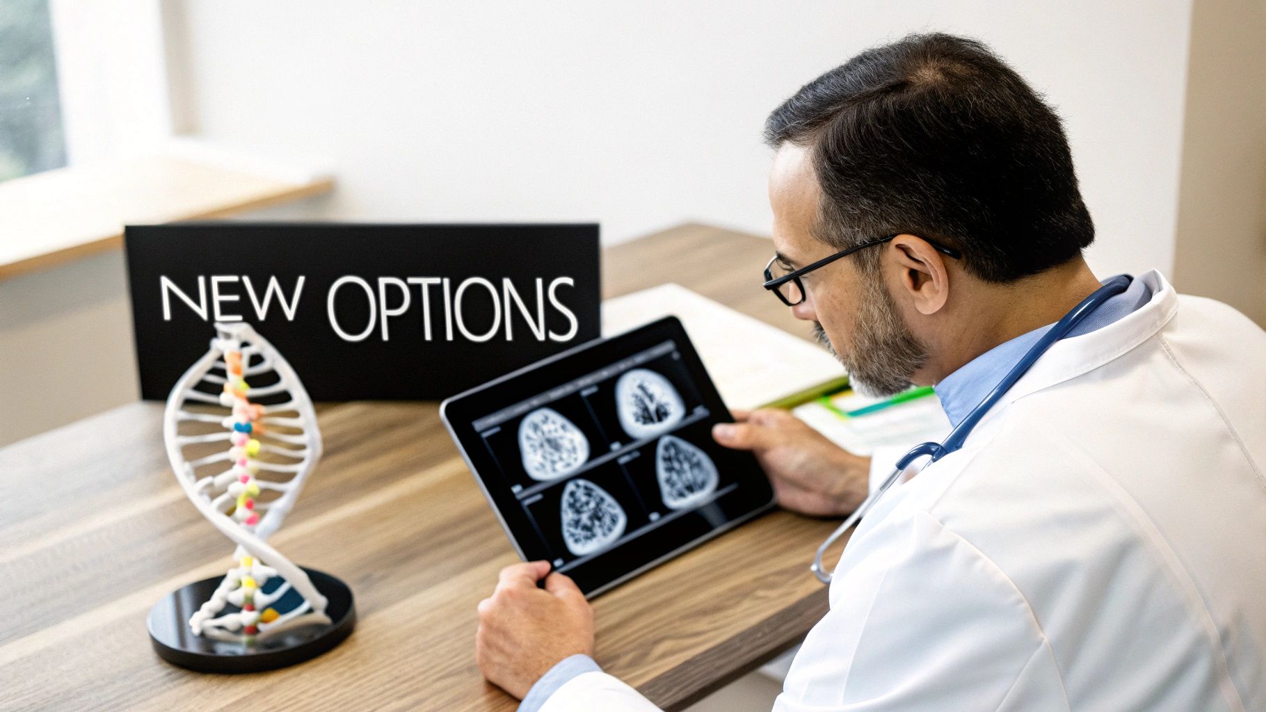 A doctor in a white coat examines medical scans on a tablet, with a 'NEW OPTIONS' sign.