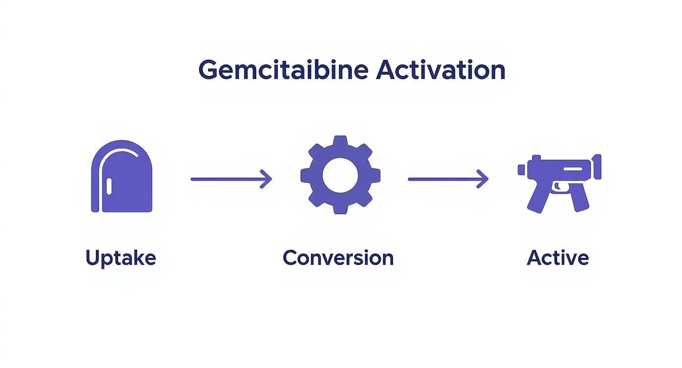 Diagram showing Gemcitabine activation process with steps: Uptake (door), Conversion (gear), and Active (gun).