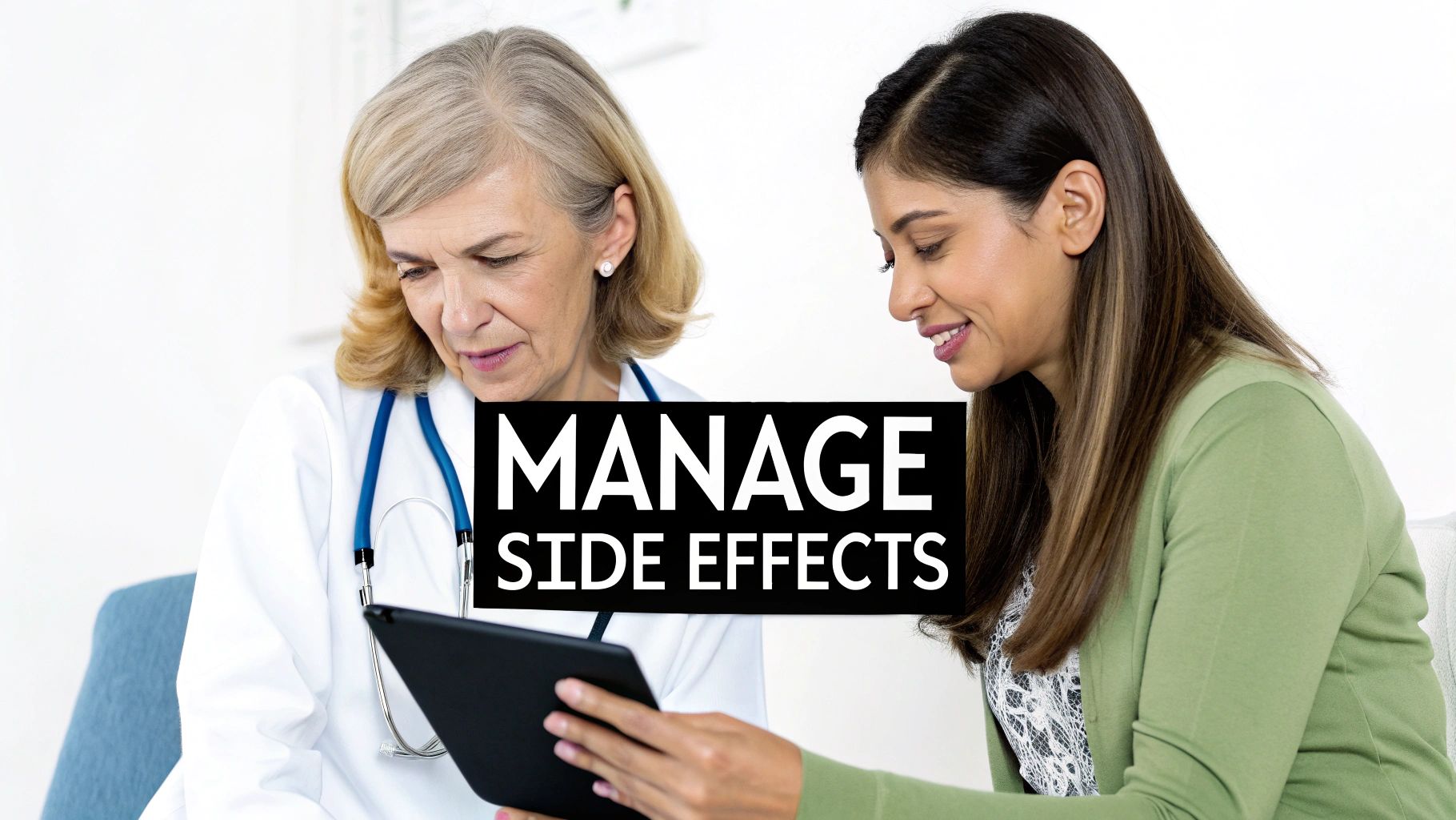 Female doctor and patient discussing 'MANAGE SIDE EFFECTS' while looking at a tablet.