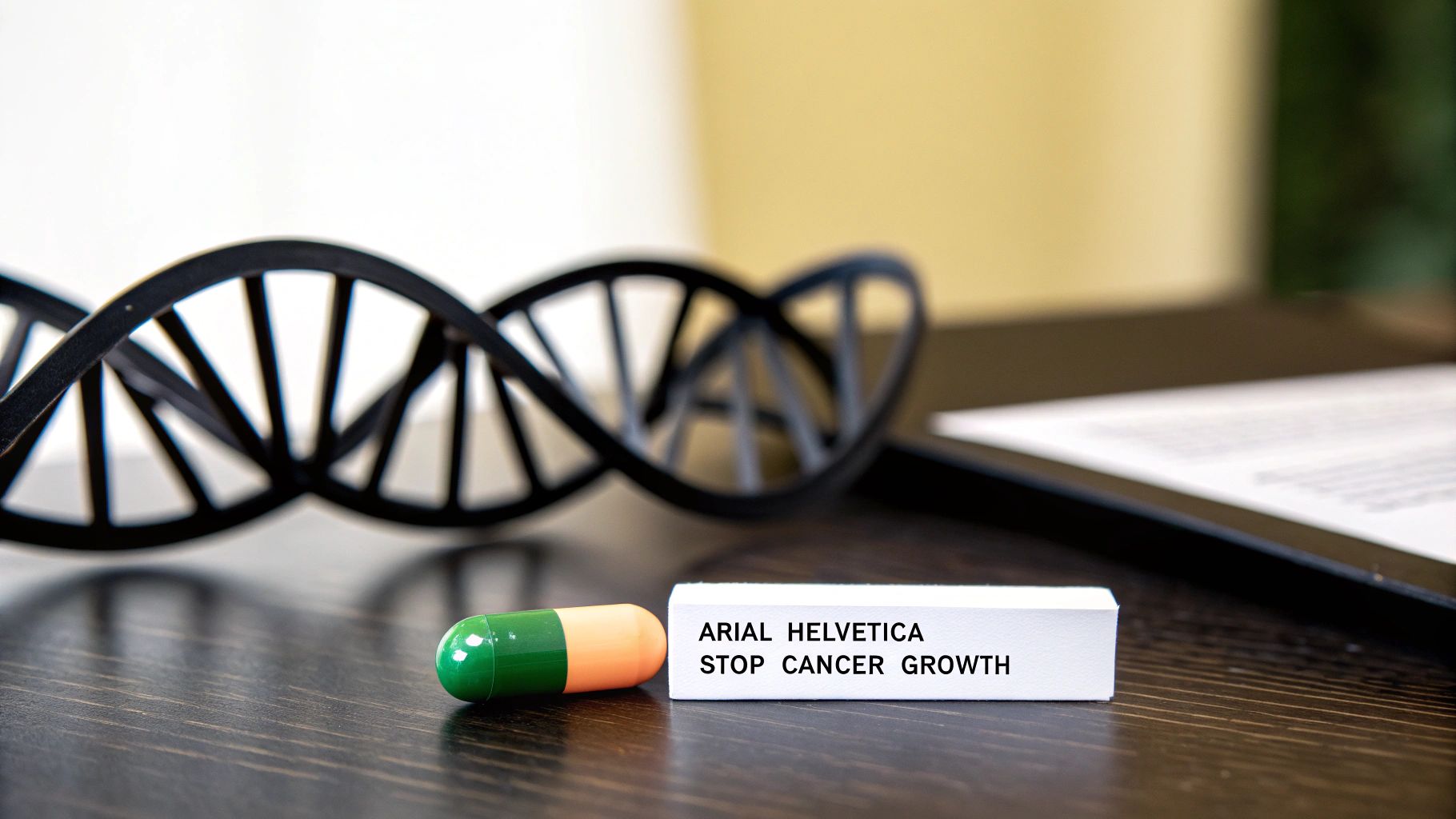 A green and orange medical capsule beside a 'STOP CANCER GROWTH' sign, with a DNA model.