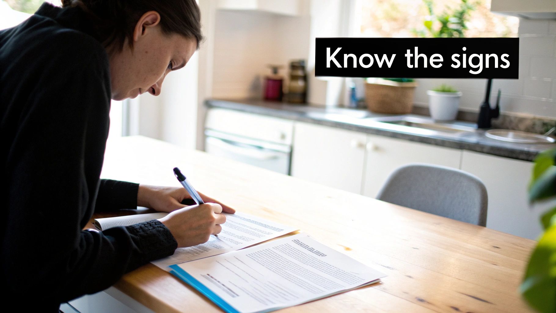 A person writes on documents at a kitchen table, with “Know the signs” text overlayed.