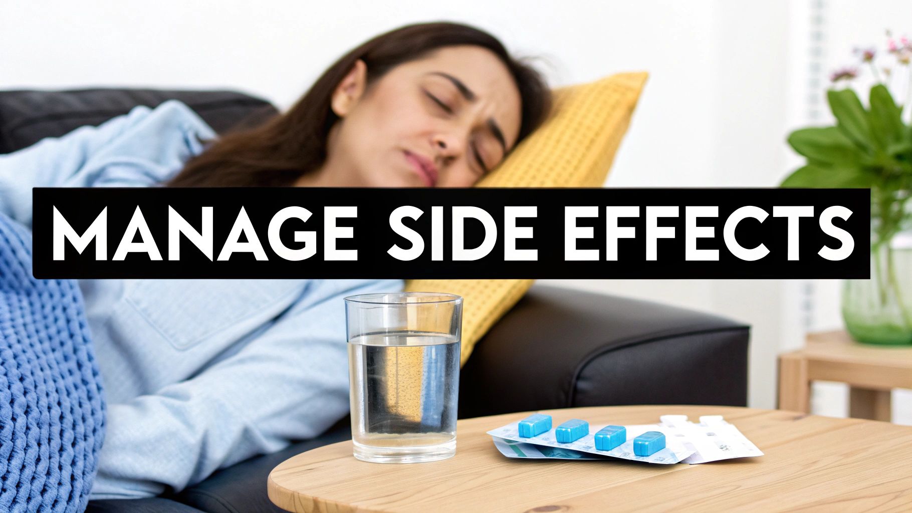 A woman appears unwell, lying on a couch with a glass of water and medication to manage side effects.
