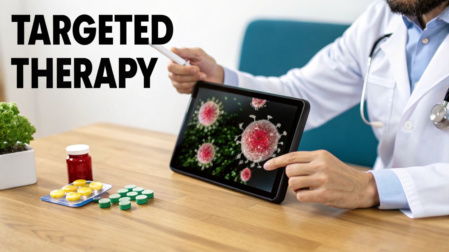 Doctor explaining targeted therapy for viruses on a tablet, with medication on a wooden desk.