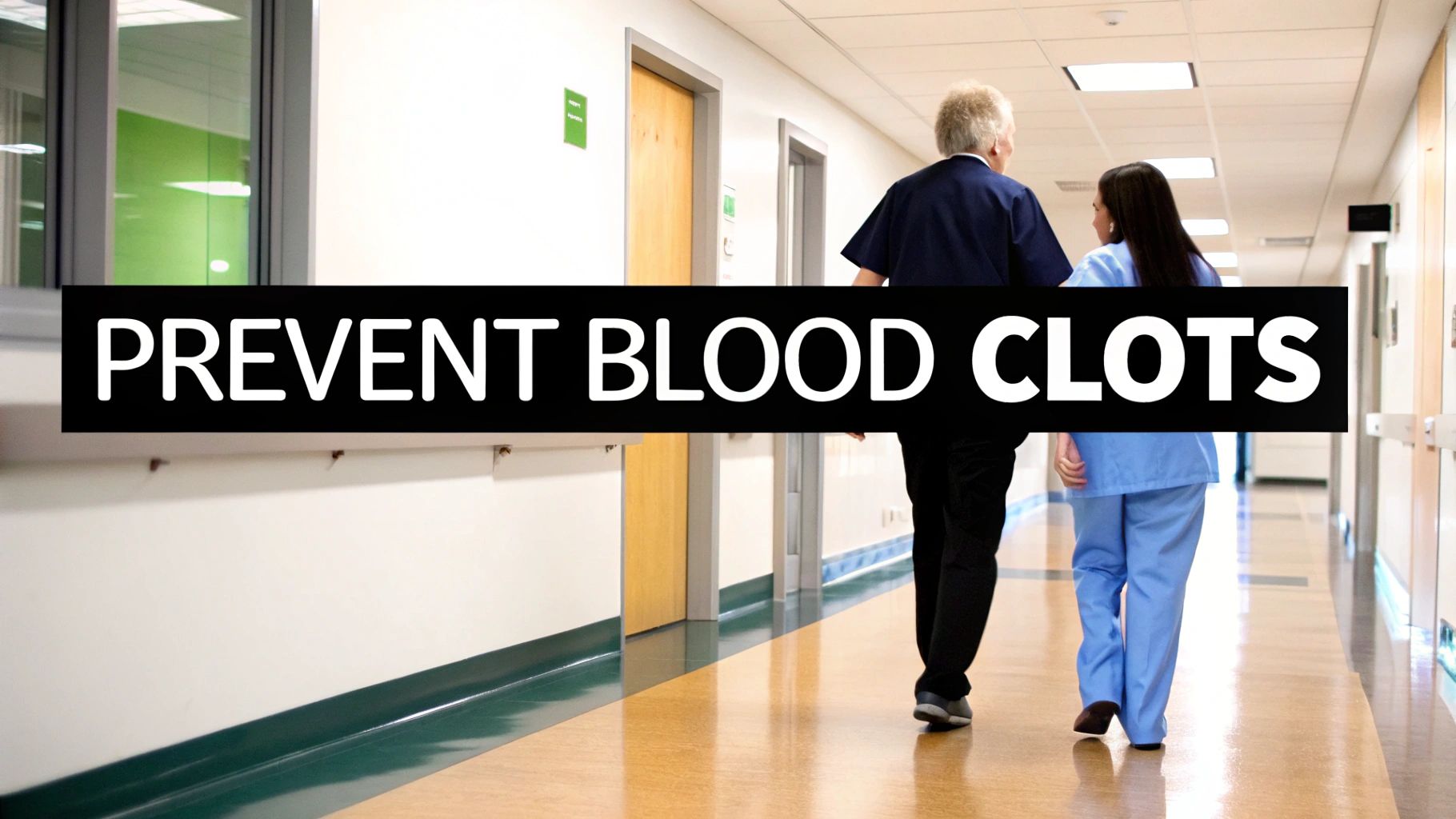 Two healthcare professionals walk down a hospital hallway with a 'PREVENT BLOOD CLOTS' banner.