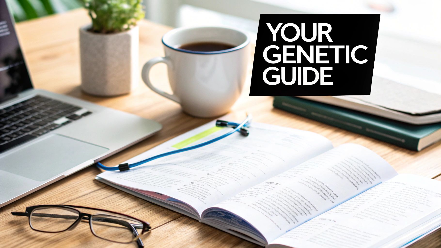 A modern workspace with a laptop, open book, coffee, and 'YOUR GENETIC GUIDE' text.